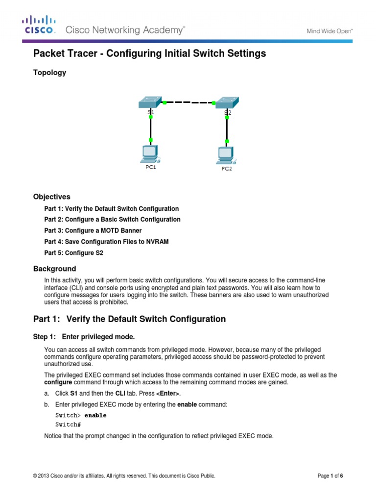 2.2.3.3 Packet Tracer - Configuring Initial Switch Settings Instructions |  PDF | Command Line Interface | Password