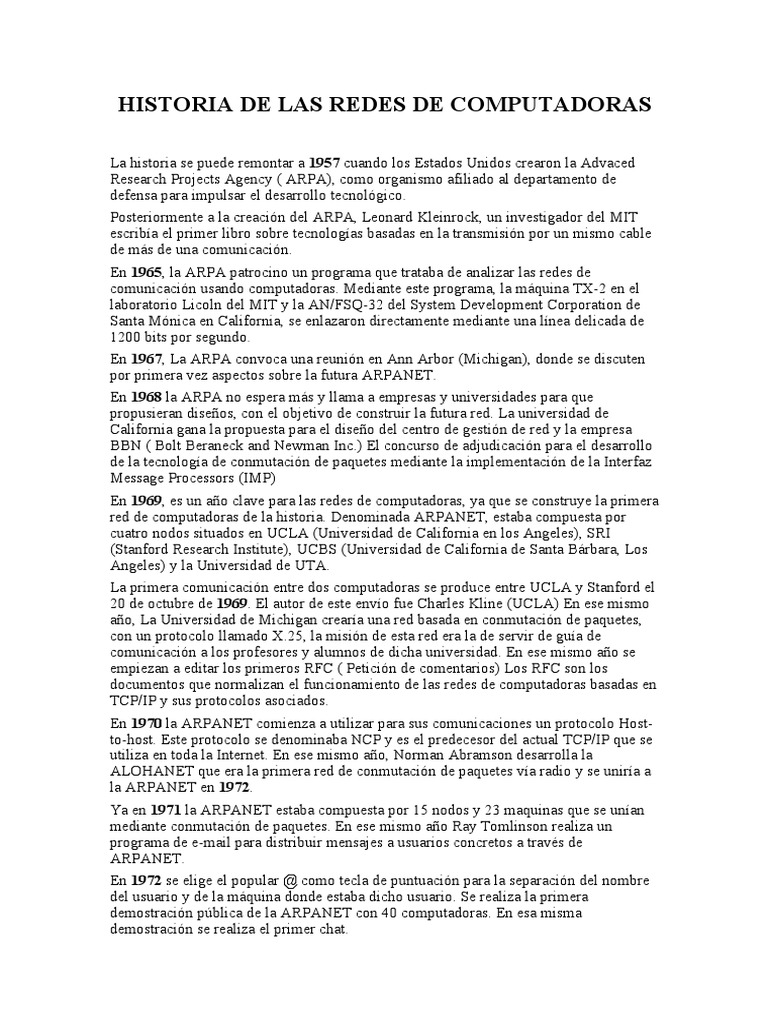 Historia de las Redes de Computadoras | PDF | Darpa | Red de computadoras