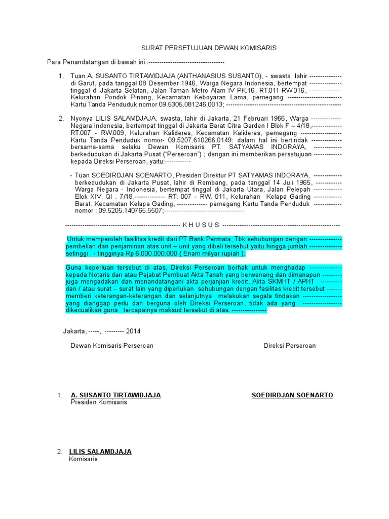 Contoh Surat Persetujuan Dewan Komisaris 2014