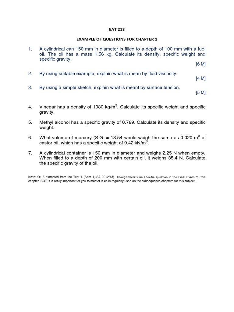 Fluid Mechanics Questions for Chapter 1 | PDF