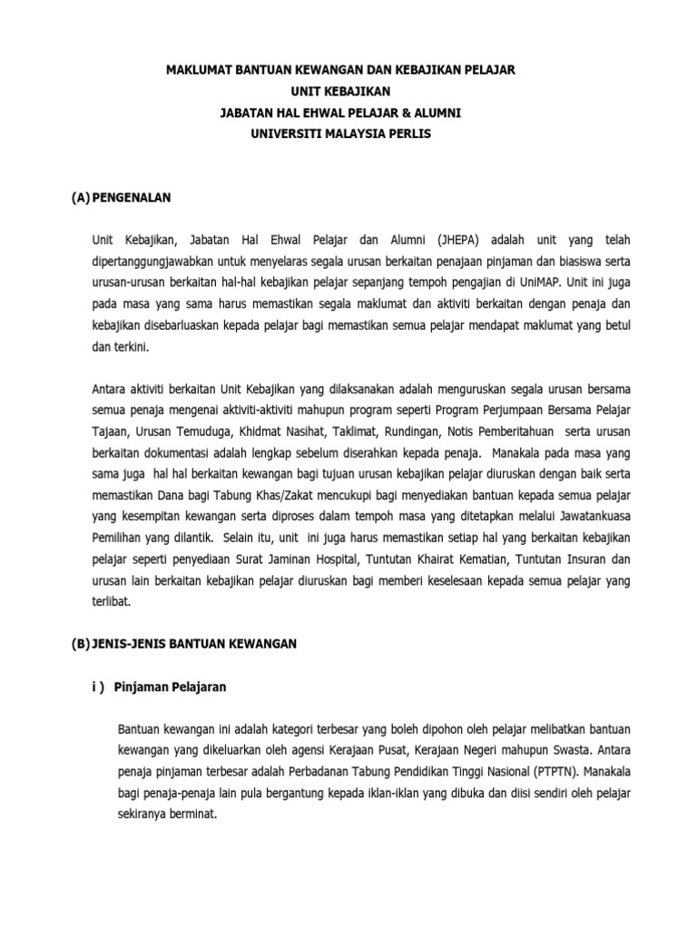 Maklumat Bantuan Kewangan Dan Kebajikan Pelajar 20142015 Pdf
