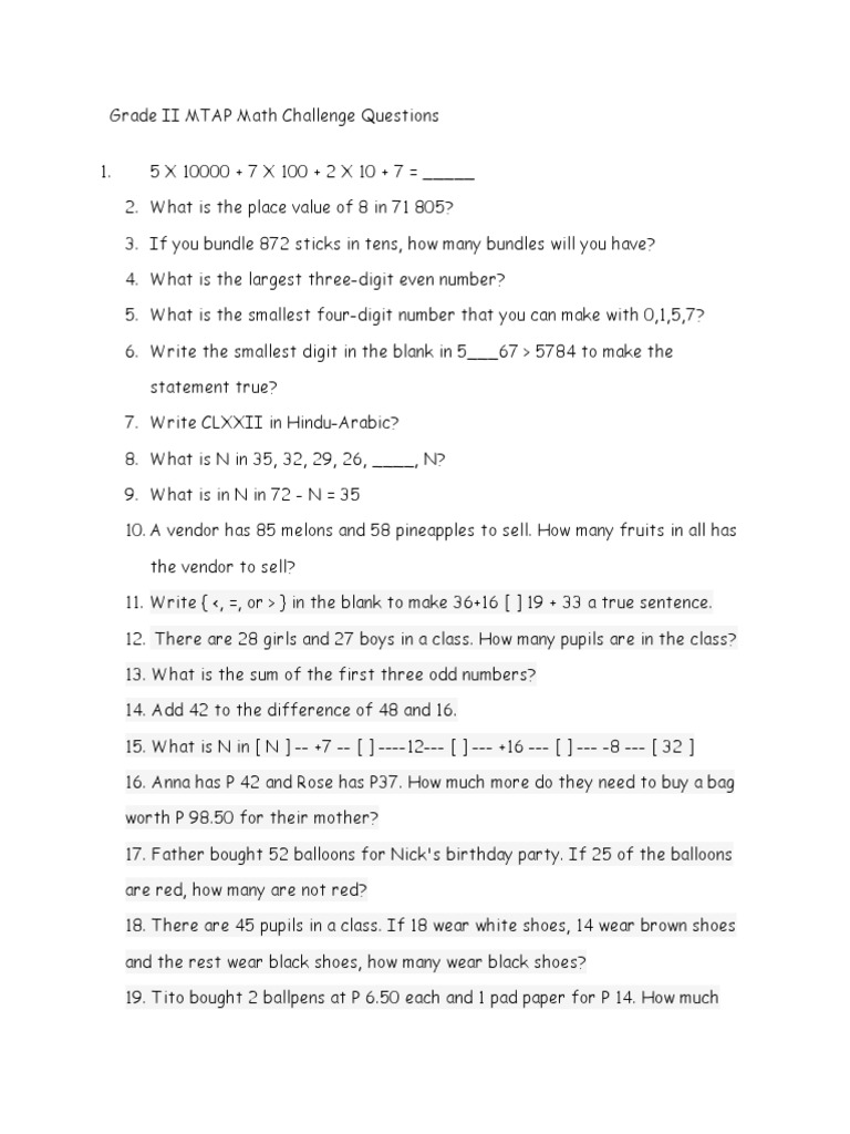 Grade ii mtap math challenge questions pdf foods teaching mathematics