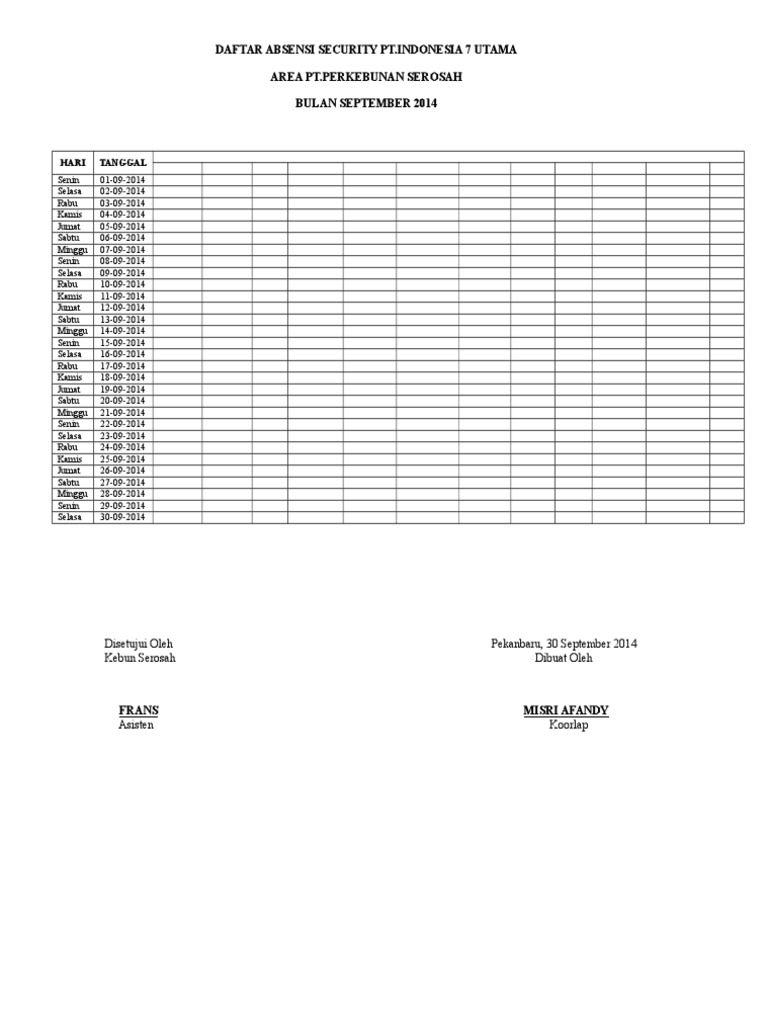 Daftar Absensi Security PT. Indonesia 7 | PDF