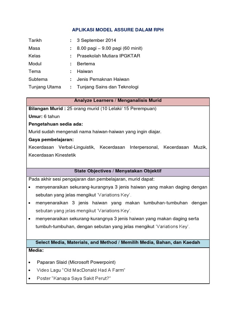 Aplikasi Model ASSURE dalam RPH Haiwan | PDF