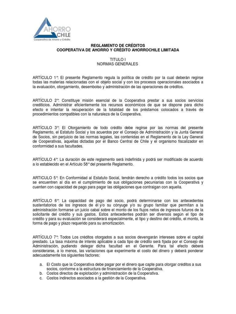 Reglamento de Creditos  Pagos  Cooperativa