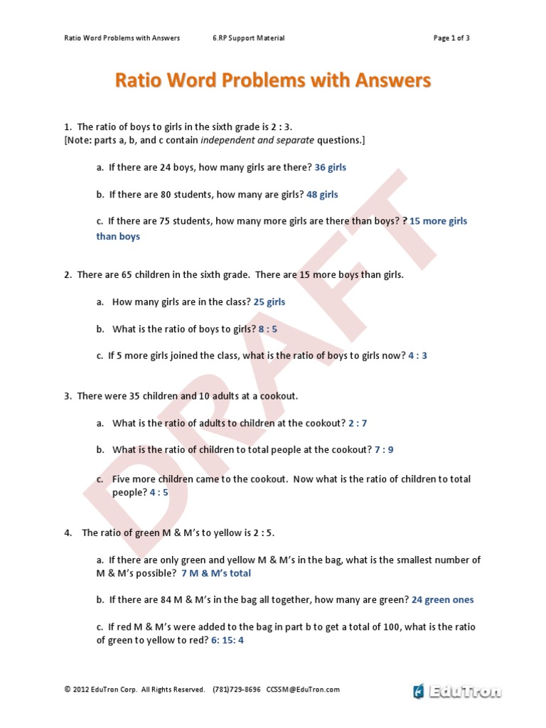 Ratio Word Problems With Answers