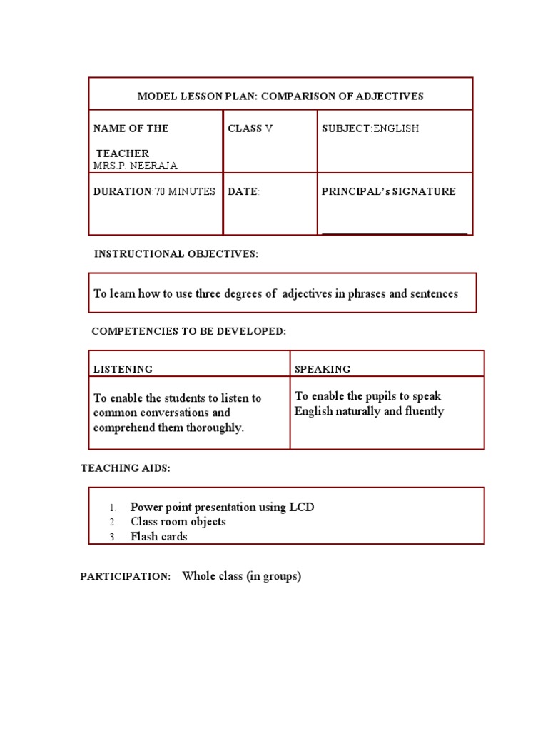 Model Lesson Plan Adjective Lesson Plan Free 30 day Trial Scribd