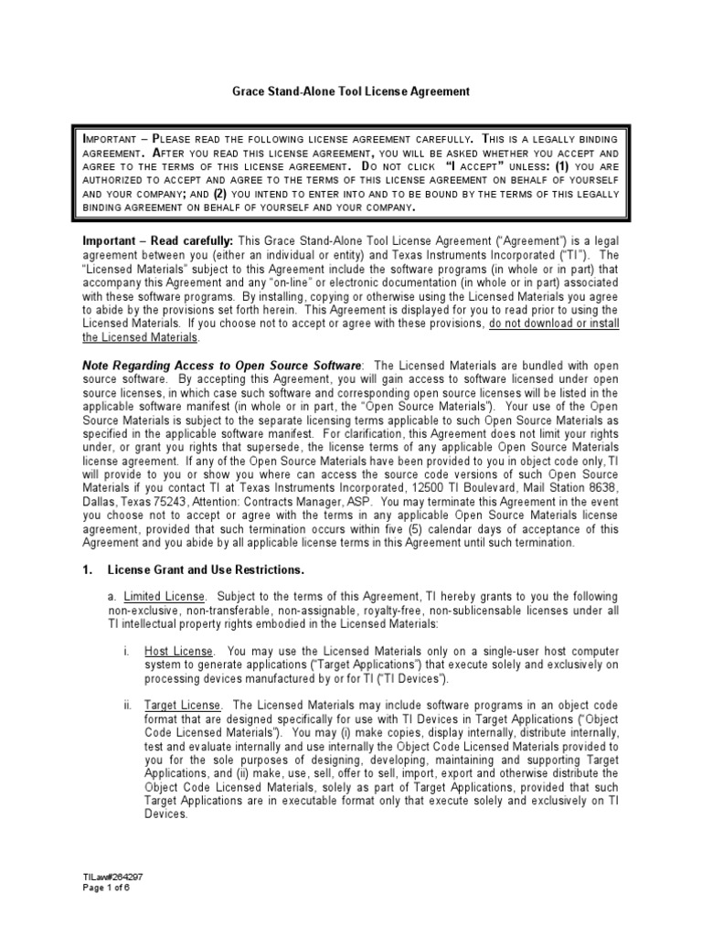 Grace StandAlone Tool License Agreement PDF License Business Law