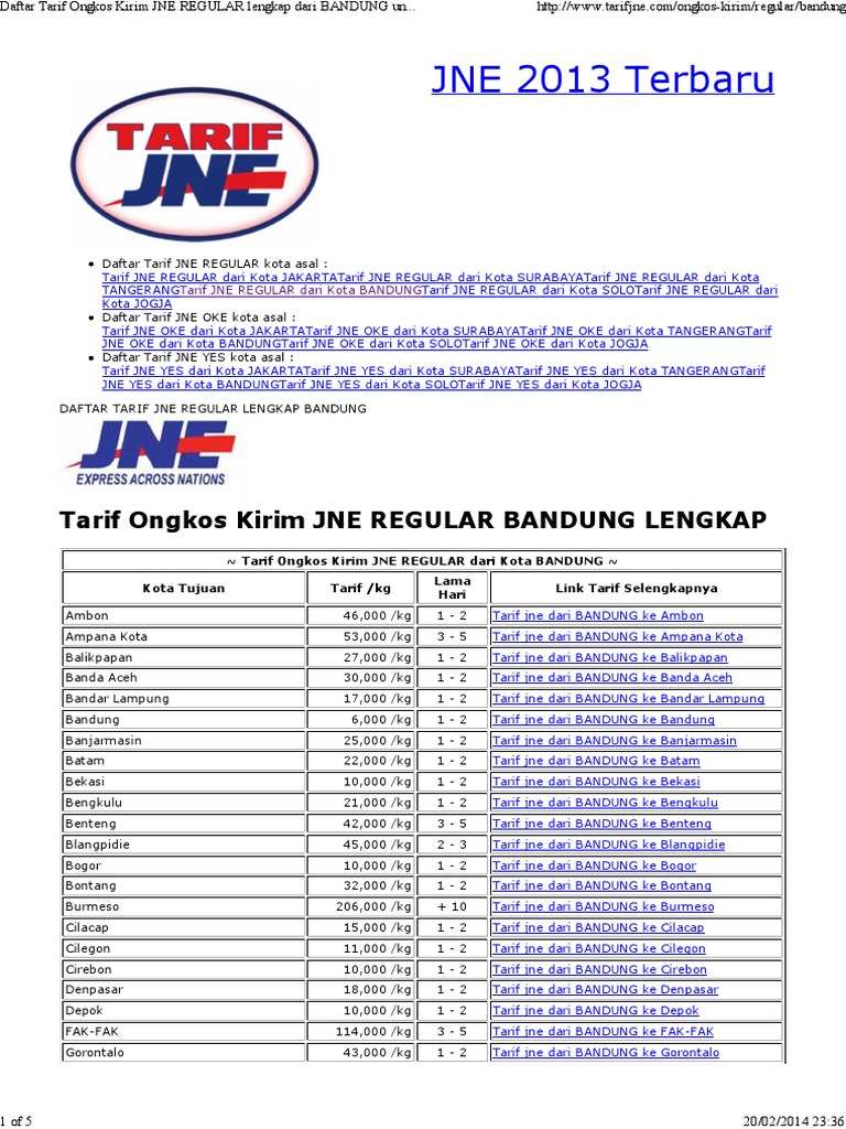 Daftar Tarif Ongkos Kirim Jne Regular Lengkap Dari Bandung Untuk Titipan Kilat Toko Online Anda 