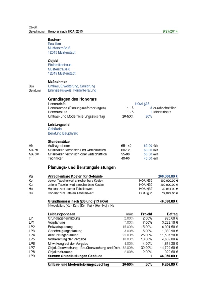 Honorarberechnung nach HOAI 2013
