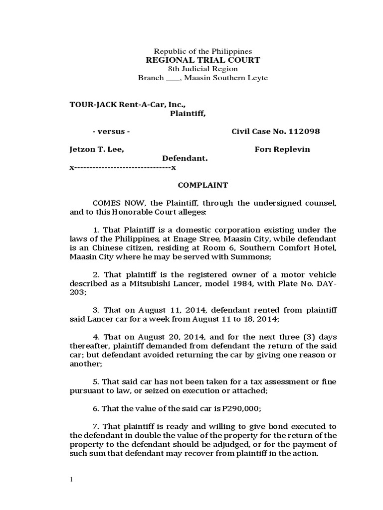 Replevin Case: TOUR-JACK vs. Lee | PDF | Finance & Money Management | Law