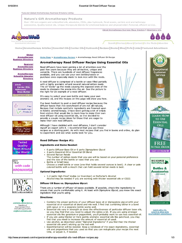 Essential Oil Reed Diffuser Recipe | PDF