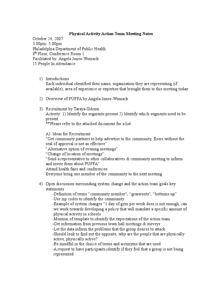 Physical Activity Action Team Meeting Notes | PDF | Career & Growth