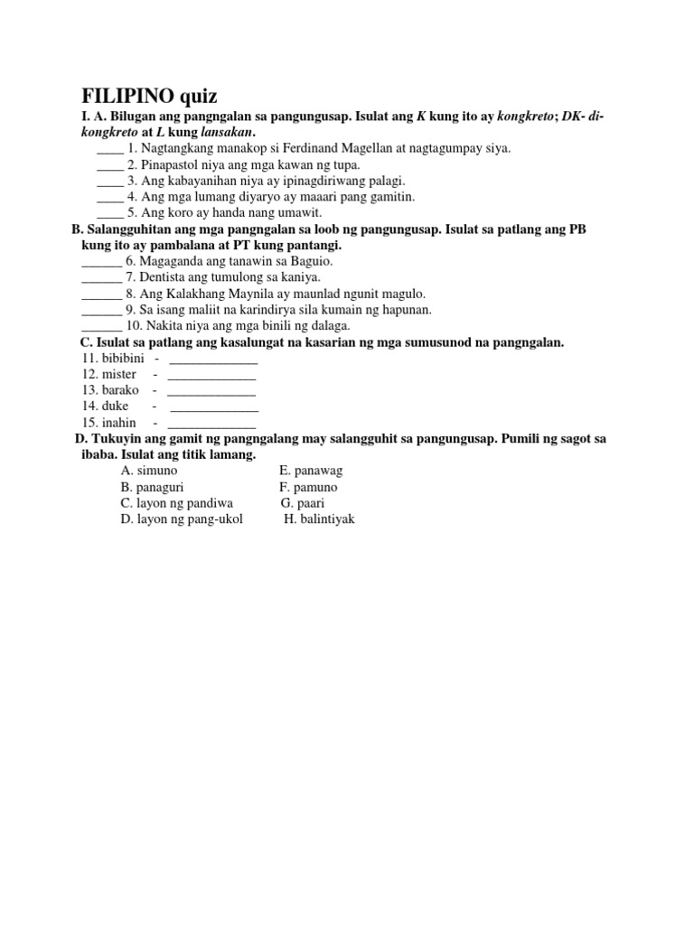 FILIPINO Quiz Assorted | PDF