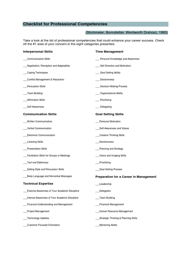 Checklist For Professional Competencies | PDF | Skill | Competence ...