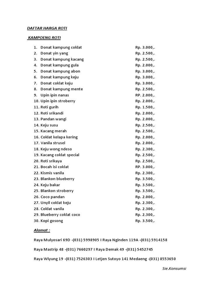 Daftar Harga Roti