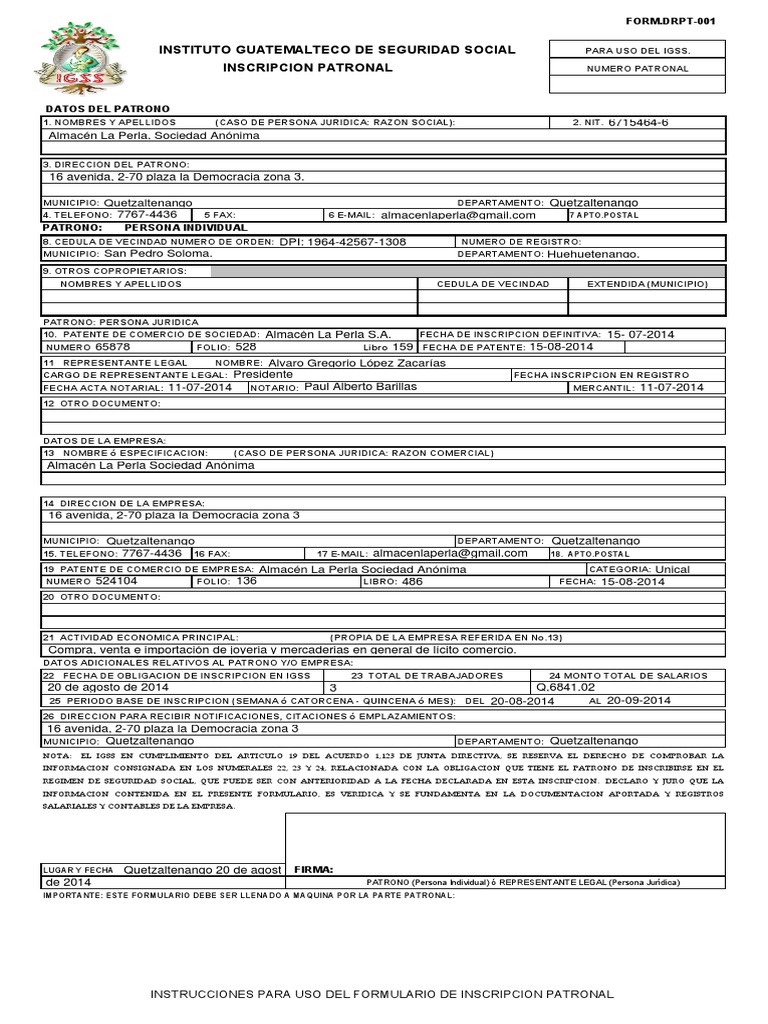 Formulario De Inscripcion Patronal Pdf Liquidacion Comercio