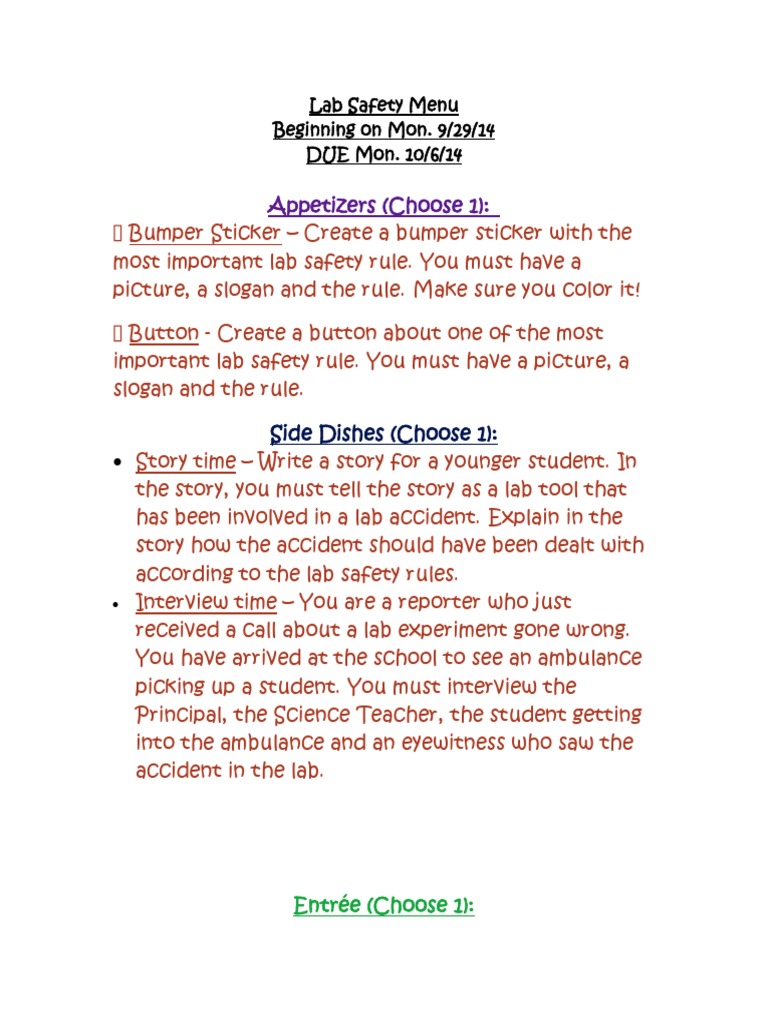Lab Safety Menu For Week 2 | PDF