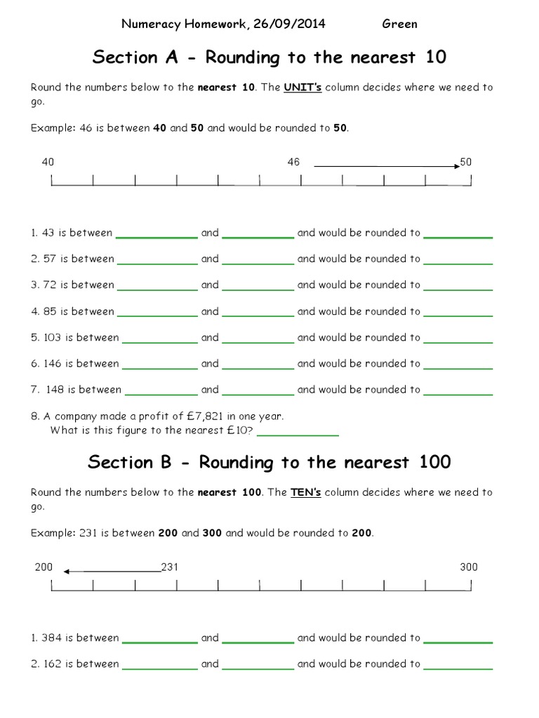 Section A - Rounding To The Nearest 10: Numeracy Homework, 26/09/2014 ...