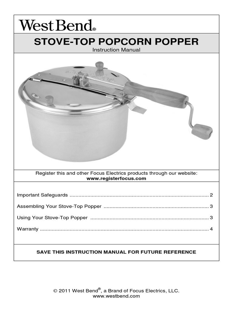 StoveTop Popcorn Popper Instruction Manual Download Free PDF Maize Kitchen Stove