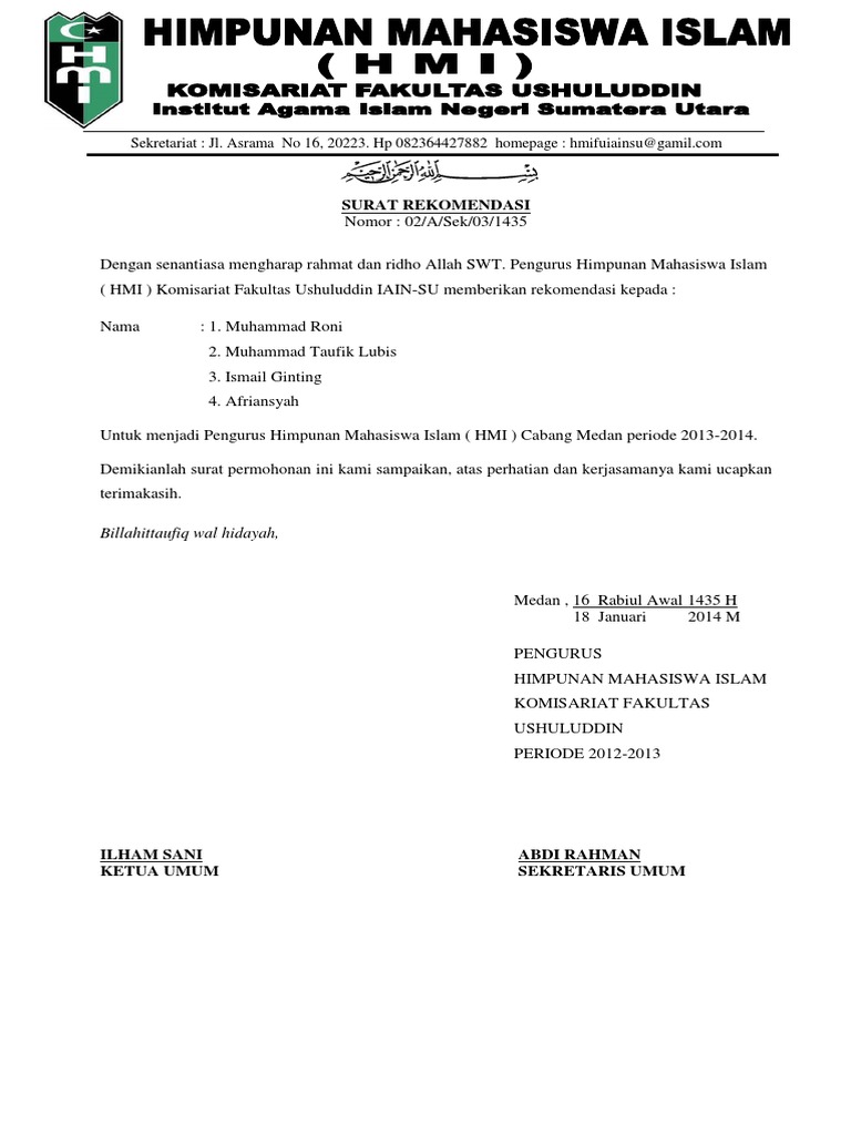Surat Rekomendasi Hmi