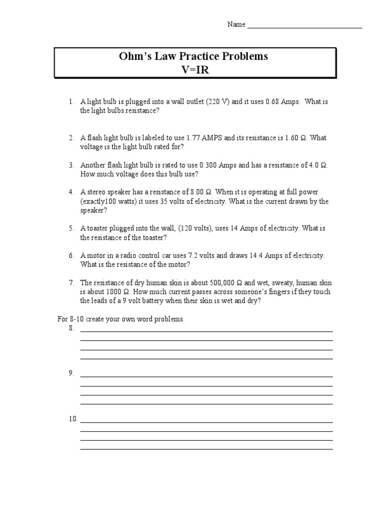 Worksheet Ohms Law Practice CP