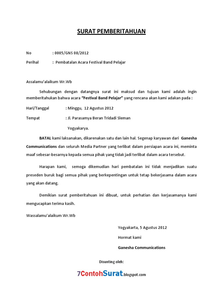 Contoh Surat Pemberitahuan Pembatalan Acara