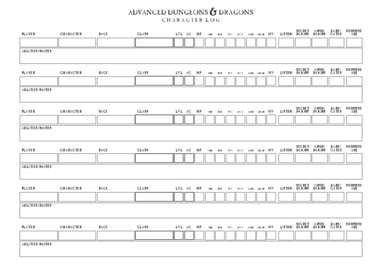 Character Log for AD&D Players | PDF