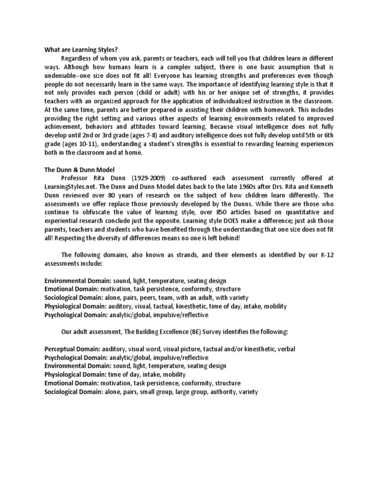 Understanding Dunn & Dunn Learning Styles | PDF | Learning Styles ...