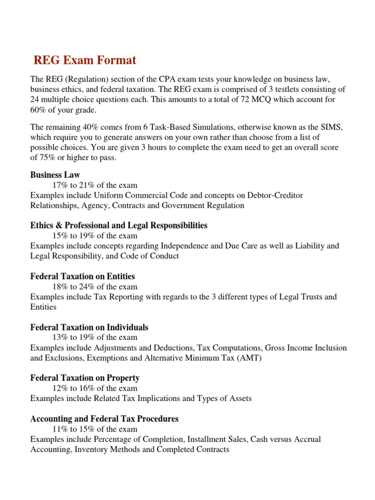 REG Exam Format CPA Certified Public Accountant Taxes