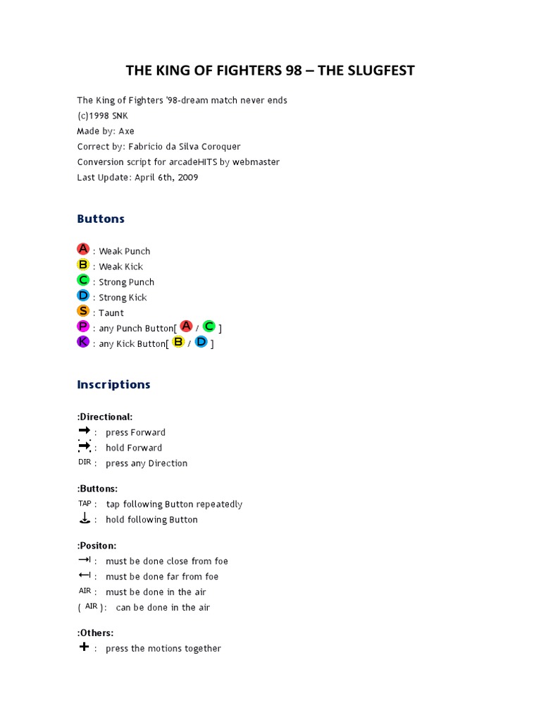 KOF '98 UM - King: Move List + Story(Description Box Text) 