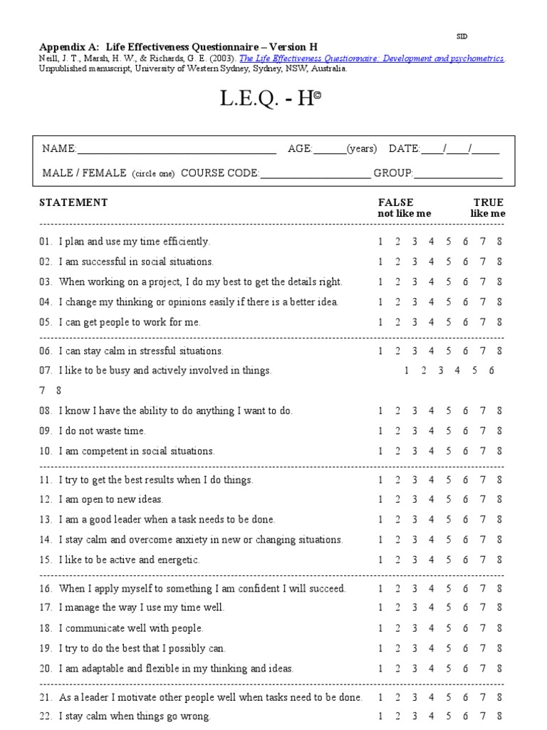 Appendix A Life Effectiveness Questionnaire Version H (copied with