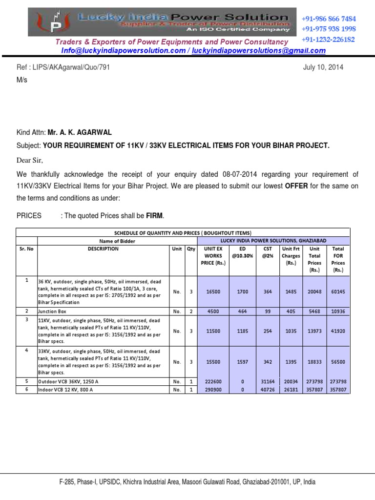 Quotation 11KV Electrical Items Bihar Electrical Substation Invoice