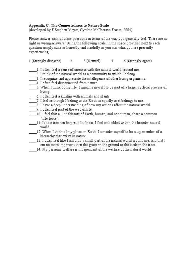 Connectedness to Nature Scale Questionnaire | PDF | Self-Improvement
