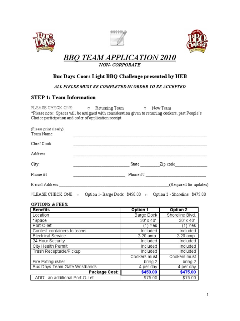 Buc Days BBQ Team Application 2010 | PDF | Indemnity | Credit Card