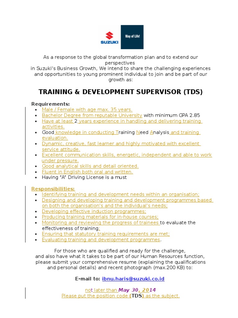 Training & Development Supervisor Role | PDF | Career & Growth