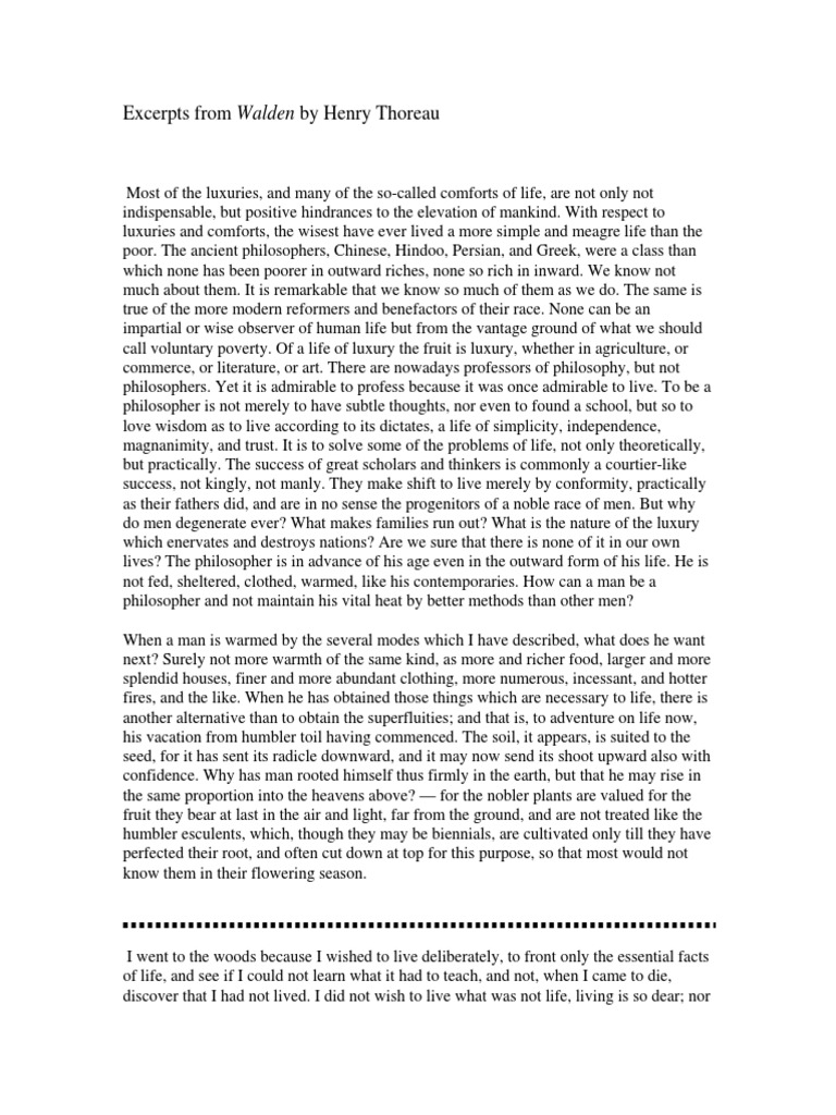 Excerpts From Walden by Henry Thoreau PDF Walden Henry David Thoreau