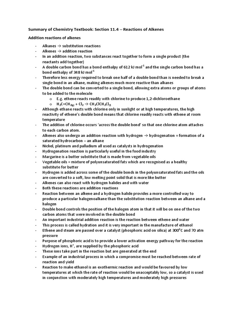 Summary of Chemistry Textbook - Section 11.4 Reactions of Alkenes | PDF