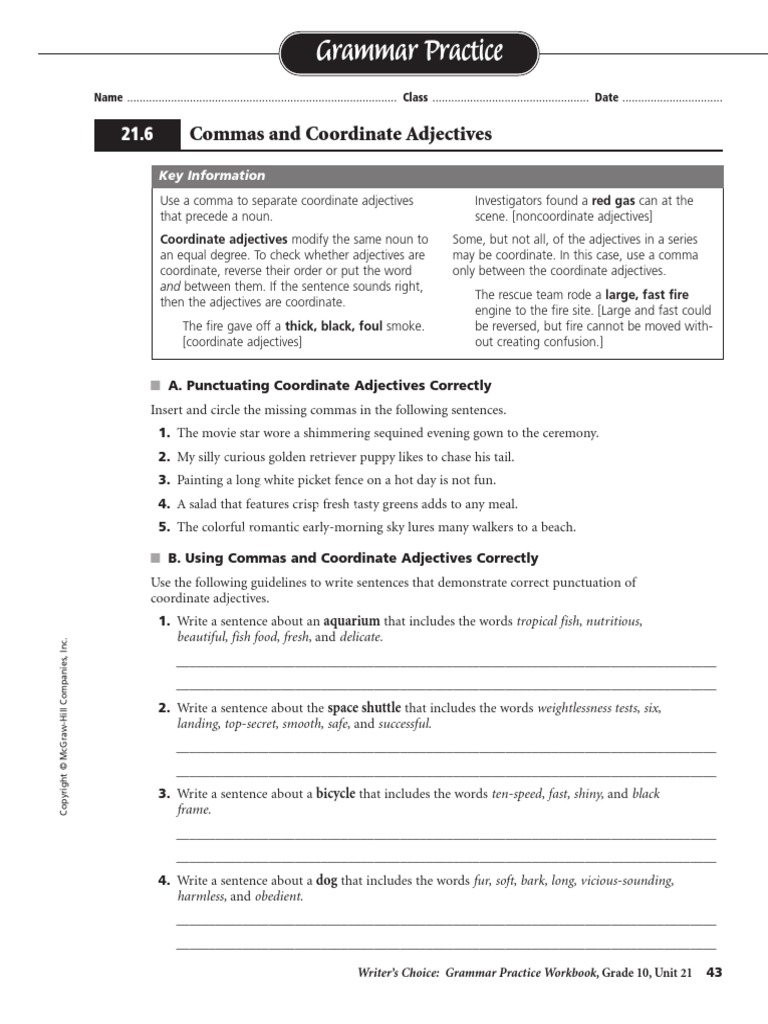 Grammar Practice Commas And Coordinate Adjectives Comma Adjective