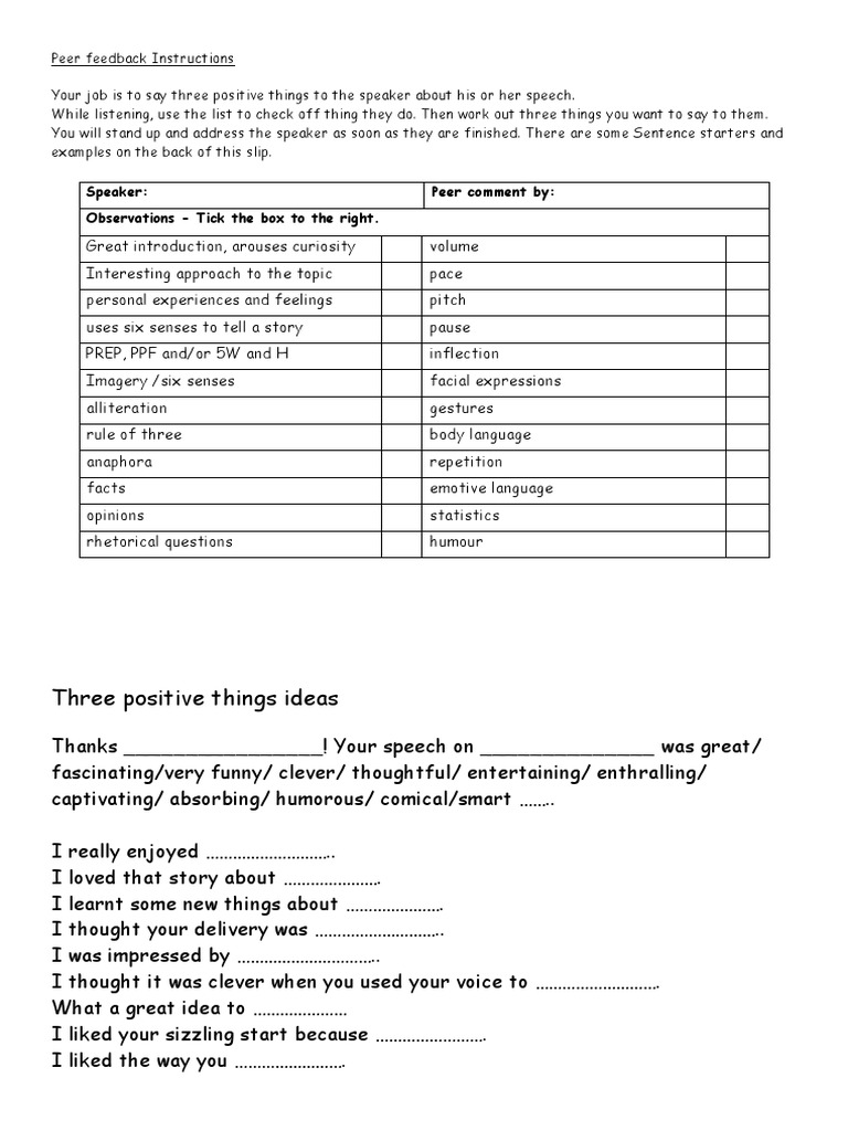Speech Peer Feedback Instructions PDF Human Communication