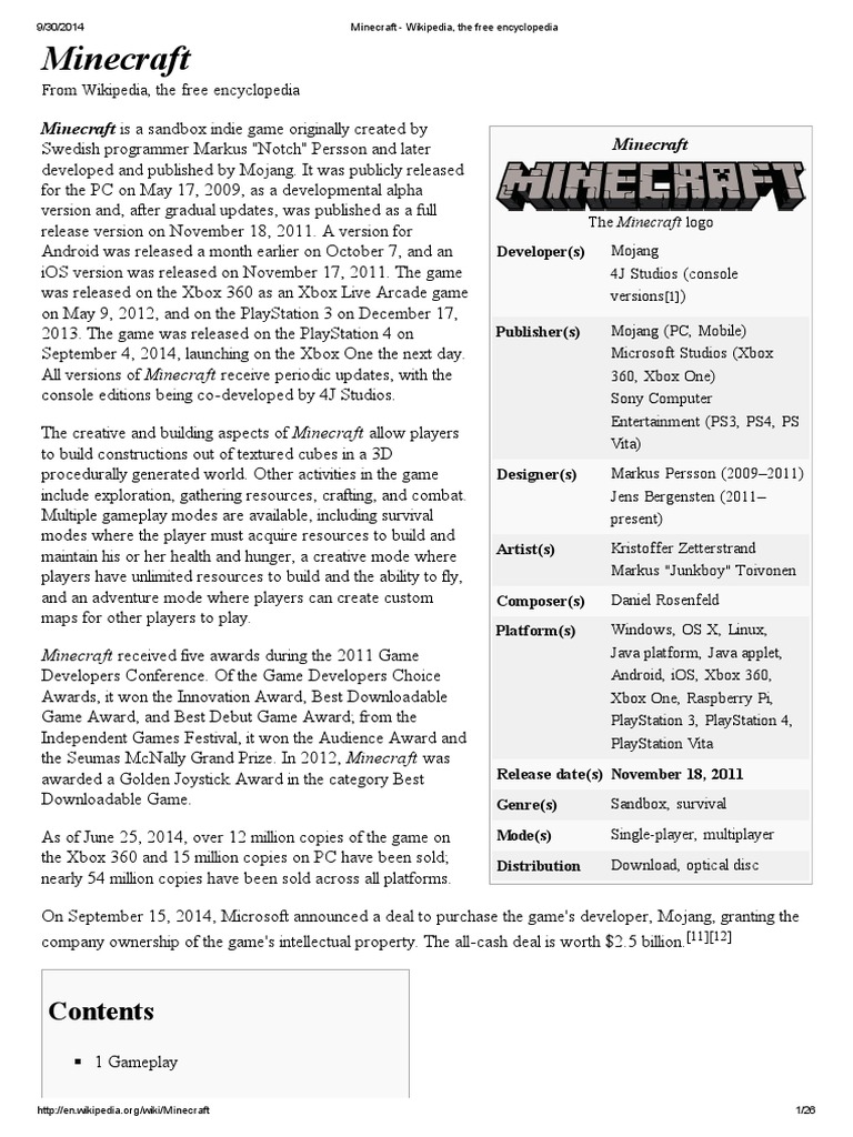 Minecraft - Wikipedia, The Free Encyclopedia  PDF  Minecraft  Mojang