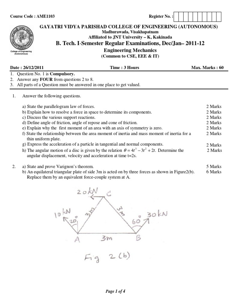 Engineering Mechanics Exam Paper 2011-12 | PDF | Force | Mass