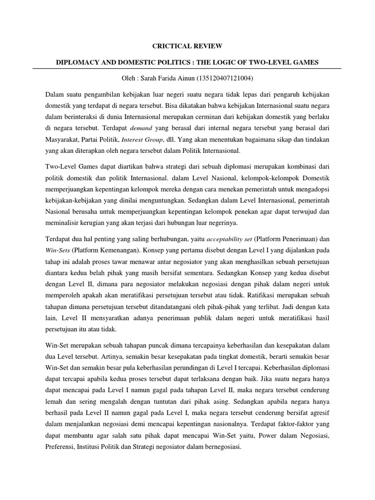 Crictical Review Diplomacy TwoLevel Game Theory (Putnam) PDF