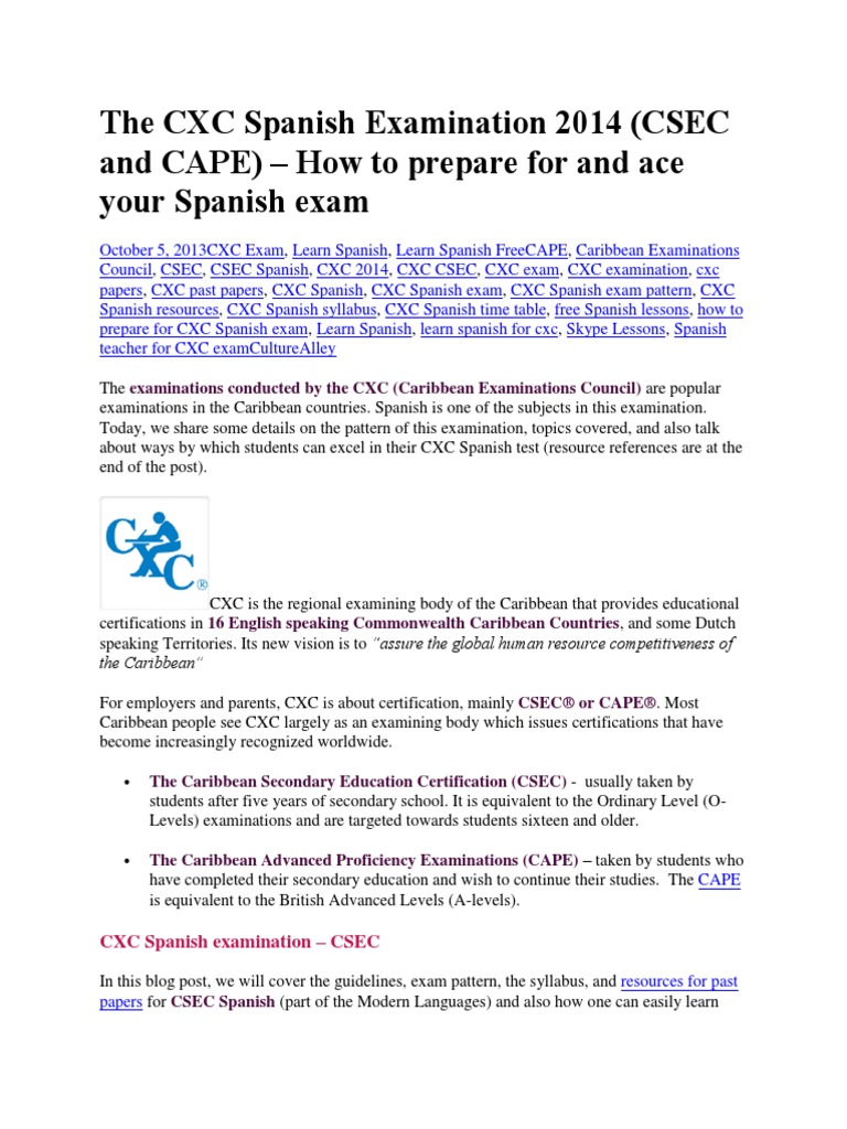 The CXC Spanish Examination 2014 Test (Assessment) Reading