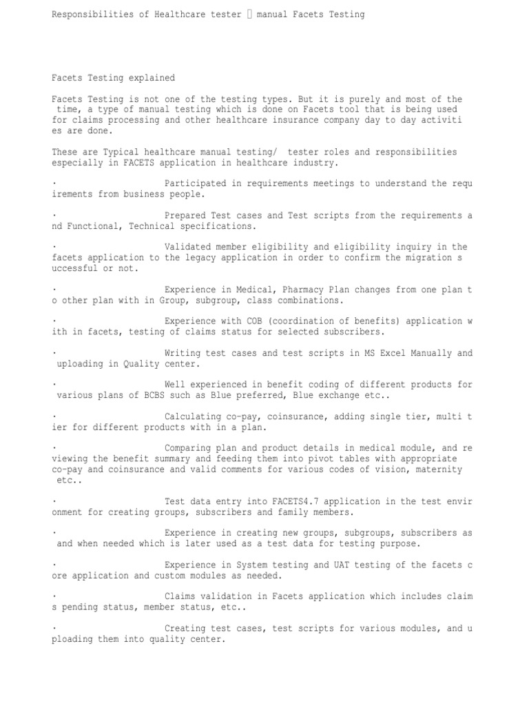 Facets Testing PDF Health Care Information Technology