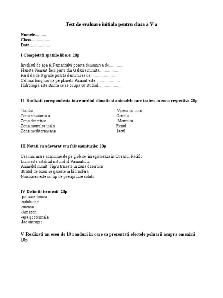 Test de Evaluare Initiala Clasa A V A | PDF