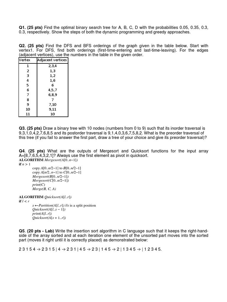 Optimal Binary Search Tree and Graph Traversals | PDF | Combinatorics ...