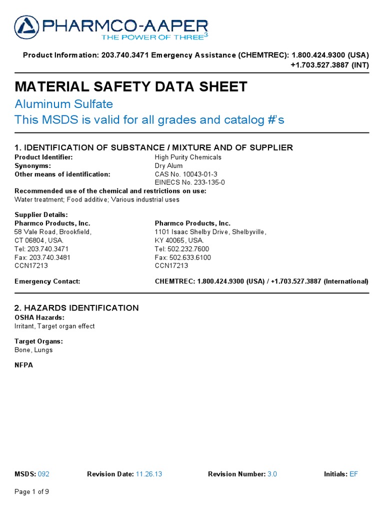 Aluminum Sulfate GHS Toxicity Dangerous Goods