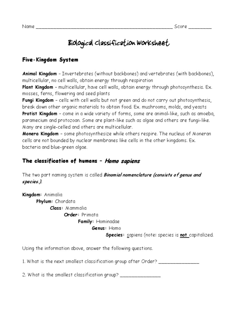 Classification Worksheets  PDF  Taxonomy (Biology)  Life Sciences  Intended For Biological Classification Worksheet Answers
