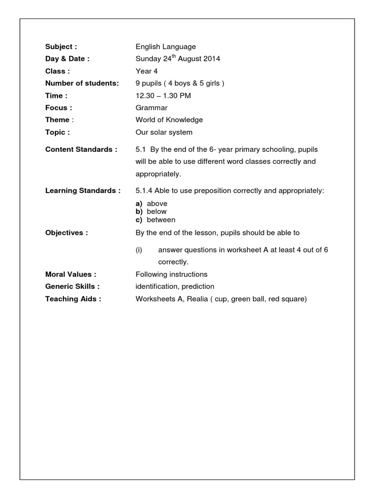 Lesson Plan Grammar Year 4 Lesson Plan Teachers